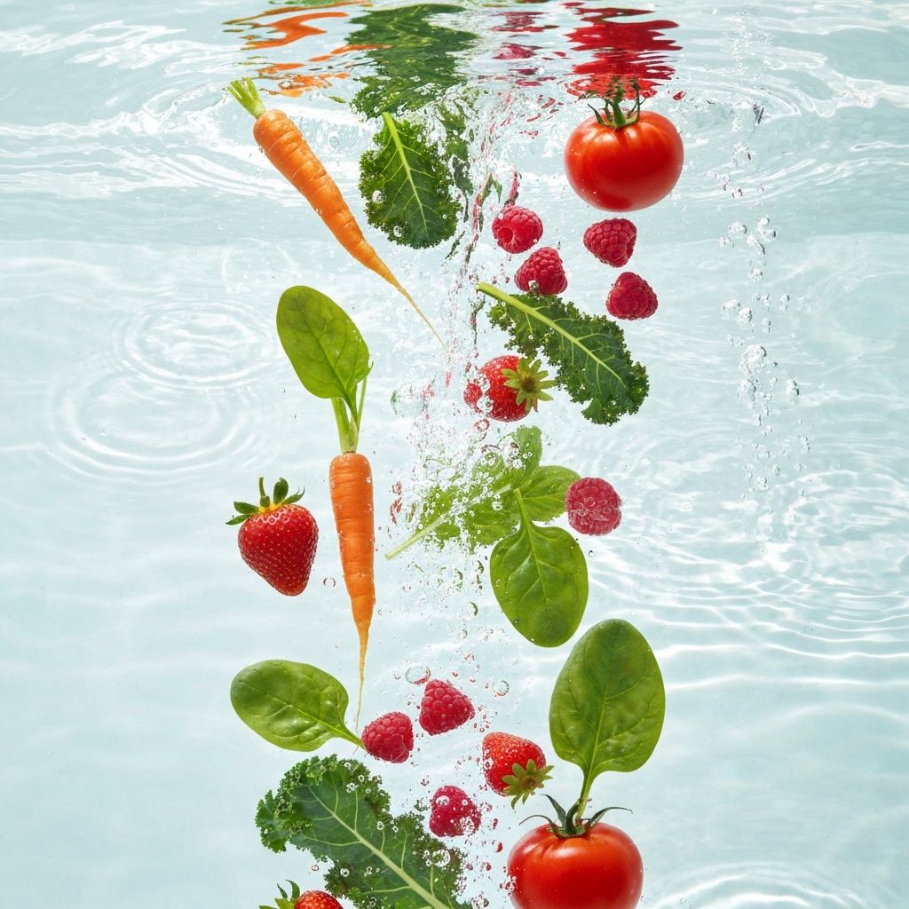 Fresh vegetables and fruits in natural flowing water